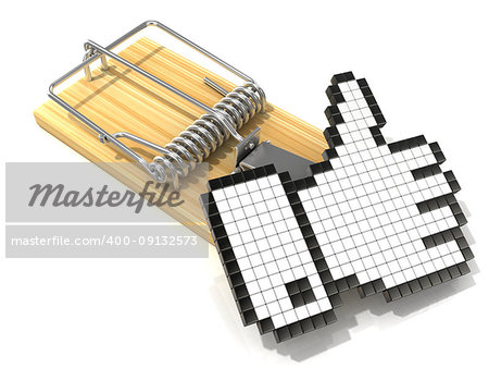 Like symbol in wooden mousetrap. 3D rendering illustration, isolated on white background.