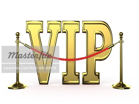 Velvet rope barrier, with golden VIP sign. 3D render illustration isolated on white background