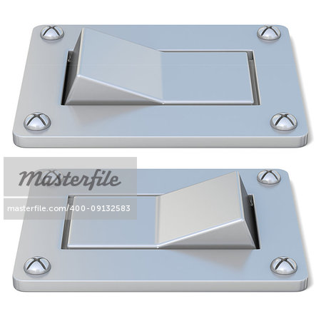 Blank, silver, power switch button ON OFF. Front view. 3D render illustration isolated on white background