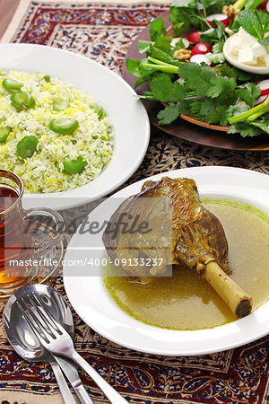iranian persian cuisine, braised lamb shank, baghali polo,sabzi khordan