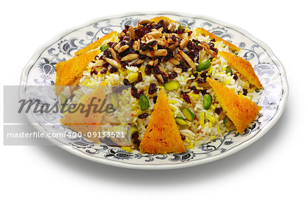 zereshk polo with tahdig, saffron barberry rice with scorched rice, iranian persian cuisine