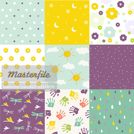 Baby shower set of vector seamless backgrounds