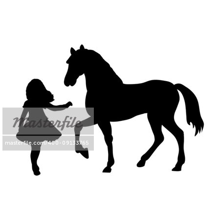 Silhouette girl wants touch horse. Vector illustration