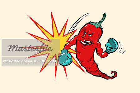 red chili pepper boxer character. Comic book cartoon pop art retro vector illustration