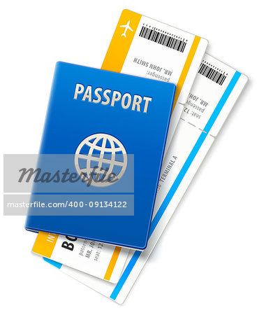 Travel documents. International passport and ticket for airplane boarding in airport. Boarding pass for air flight departure, isolated white background. EPS10 vector illustration.