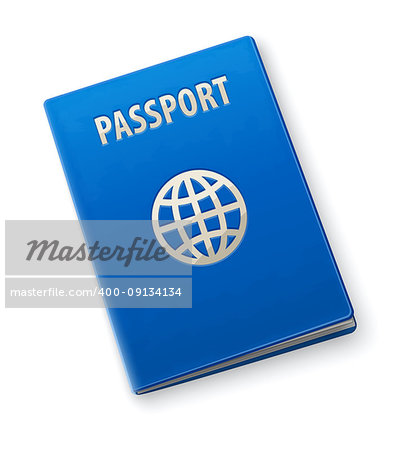 International passport with blue cover. Official document for travel around the world, isolated on white background. EPS10 vector illustration.