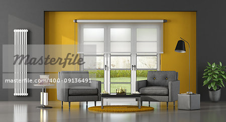 Gray and yellow living room with two armchair - 3d rendering