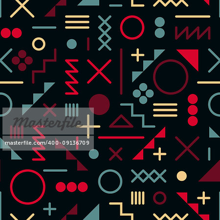 Vector Seamless Retro 80's  Jumble Geometric Line Shapes Pink Blue Color Hipster Pattern on Black Abstract Background