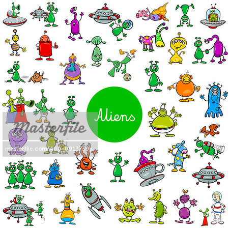 Cartoon Illustration of Aliens Fantasy Characters Huge Set