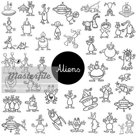 Black and White Cartoon Illustration of Aliens Fantasy Characters Huge Set