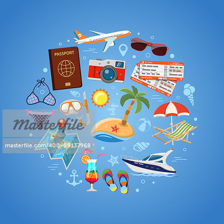 Vacation and Tourism Concept with Flat Icons for Mobile Applications, Web Site, Advertising like Boat, Cocktail, Island, Aircraft and Tickets. Vector illustration