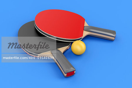 Pair of table tennis rackets and ball on blue background