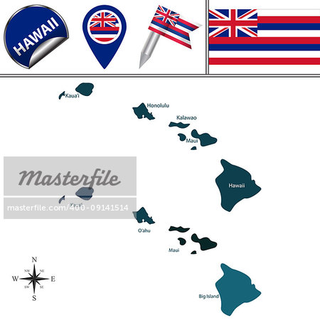Vector map of Hawaii with named regions and travel icons