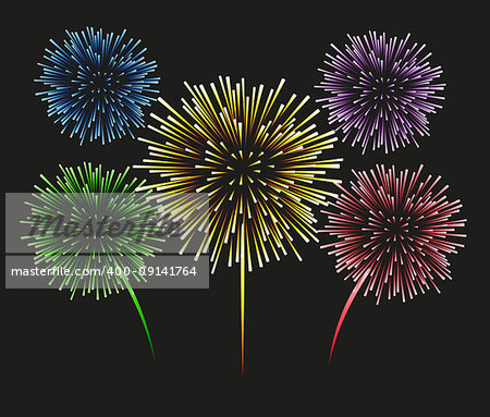 5 multi-colored fireworks on a black background. Set, isolated objects, vector illustration