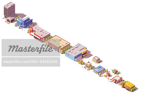 Vector low poly isometric shop, supermarket, cafe, stores, restaurants and other retail related buildings