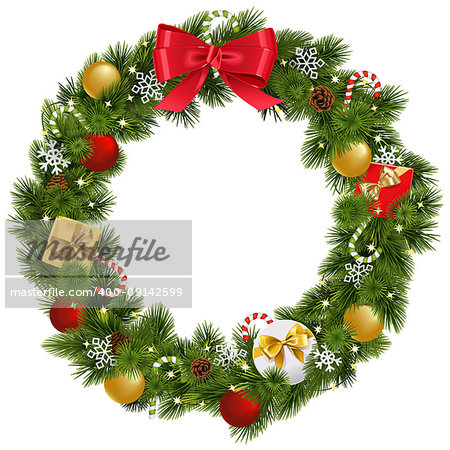 Vector Christmas Wreath with Garland isolated on white background