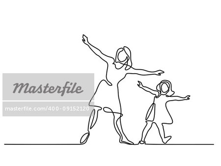 Continuous line drawing. Family with mother and girl in fly. Vector illustration