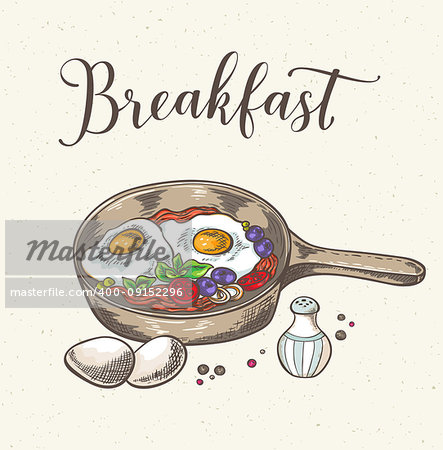 Vintage background with fried eggs, bacon and tomatoes. Hand drawn vector illustration.