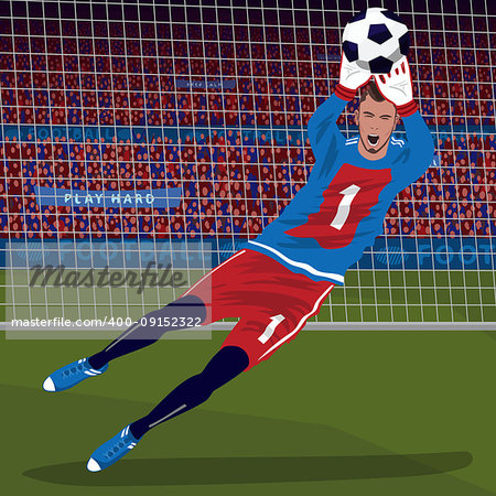 Football gameplay. Soccer goalkeeper catching ball with his hands in the fall, front face view, football goal on background. World Cup lettering