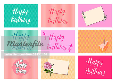 Set of bright postcards. Happy Birthday calligraphy letters on different backgrounds. Festive typography vector designs for greeting cards. Ready templates.