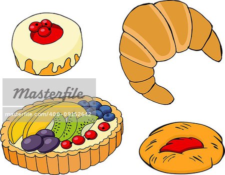Pastry, croissants, fruit tart, bagel and jam-filled pastry. Vector illustration on white background