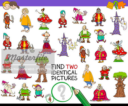 Cartoon Illustration of Finding Two Identical Pictures Educational Game for Children with Fairy Tale Characters