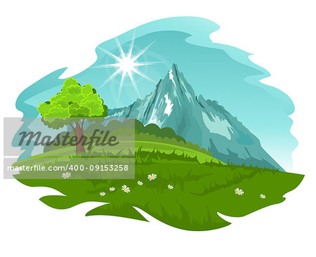 Cartoon illustration of summer landscape with hills and mountains