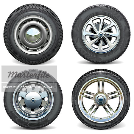 Vector Car Tires with Retro and Modern Disks isolated on white background