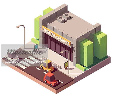 Vector isometric gadgets and computer store with smartphone and laptop ads on the billboard panels