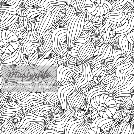 Serene hand drawn outline seamless pattern with sea waves, seashells isolated on white background. Coloring book for adult and older children. Art vector illustration.