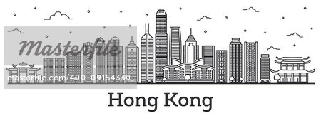 Outline Hong Kong China City Skyline with Modern Buildings Isolated on White. Vector Illustration. Hong Kong Cityscape with Landmarks.