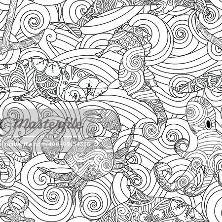 Serene hand drawn outline seamless pattern with waves, sea animals - dolphin, seahorse, crab, octopus isolated on white background. Coloring book for adult and older children. Art vector illustration.