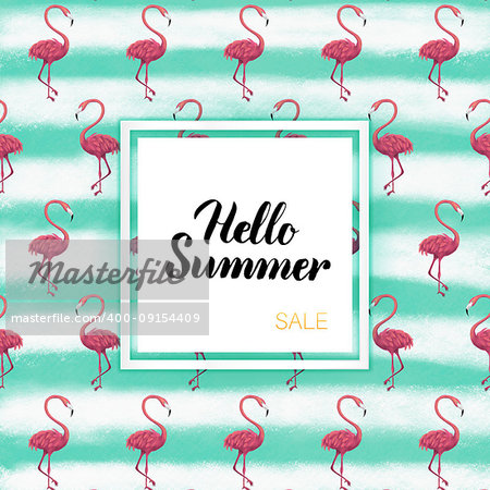 Hello Summer Tropical Concept. Raster Illustration of Hand Drawn Design.