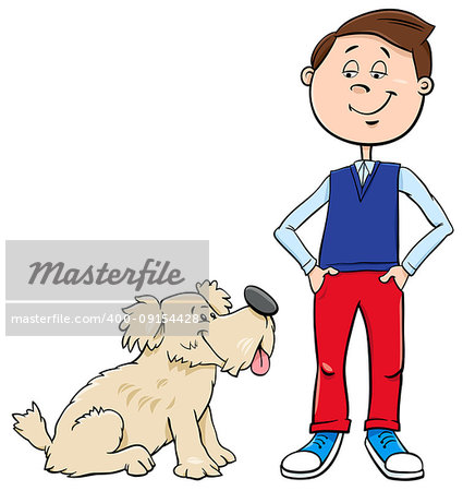 Cartoon Illustration of Kid Boy with Cute Dog or Puppy
