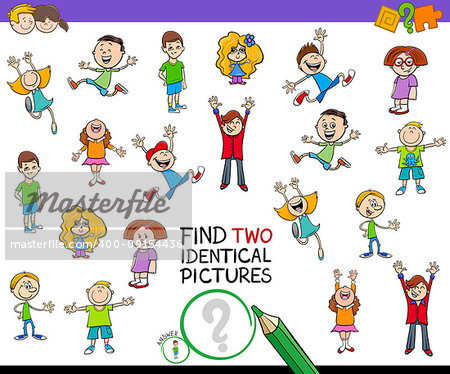Cartoon Illustration of Finding Two Identical Pictures Educational Game for Kids with Boys and Girls Children Characters