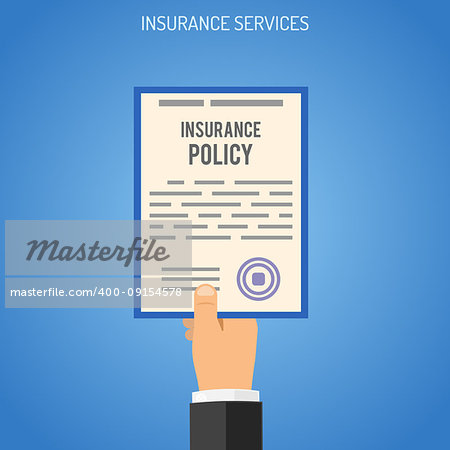 Insurance Services Concept with Flat Icons for Poster, Web Site, Advertising like Hand with Insurance Policy. Vector illustration