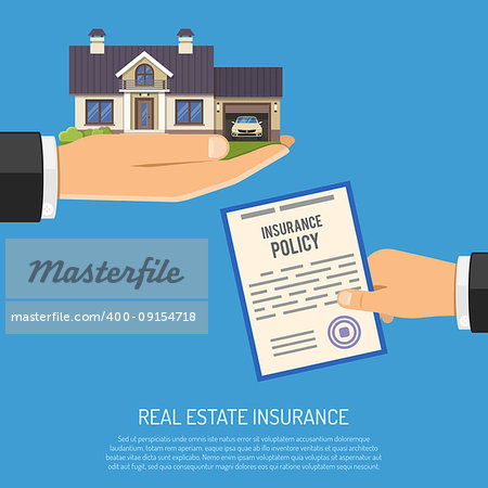 Real Estate Insurance Concept with Flat Icons House, hands and Policy. Isolated vector illustration