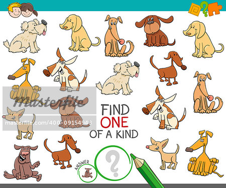 Cartoon Illustration of Find One of a Kind Picture Educational Activity Game for Children with Dogs or Puppies Characters