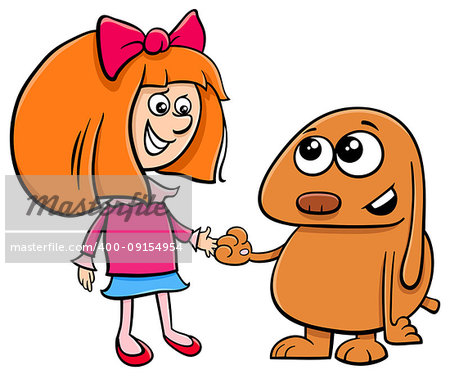 Cartoon Illustration of Cute Little Girl with Funny Dog