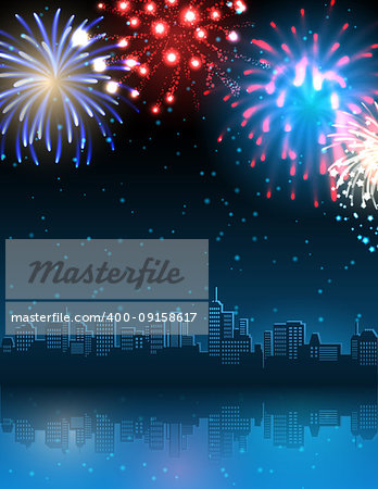 Vector illustration - cityscape with fireworks