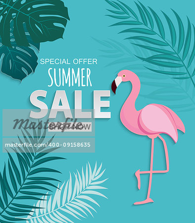 Abstract Tropical Summer Sale Background with Flamingo and Leaves. Vector Illustration EPS10