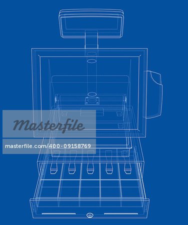 Cashbox with touch screen concept. Vector rendering of 3d. Wire-frame style. The layers of visible and invisible lines are separated