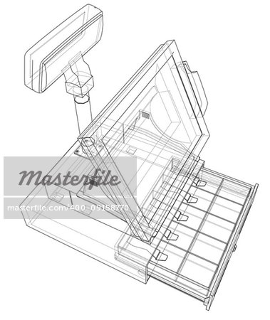 Cashbox with touch screen concept. Vector rendering of 3d. Wire-frame style. The layers of visible and invisible lines are separated