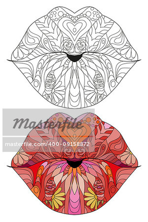 Lips zentangle styled for t-shirt design, tattoo and other decorations. Color and outline set