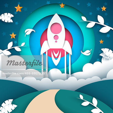 Cartoon paper landscape. Rocket origami style. Vector eps 10