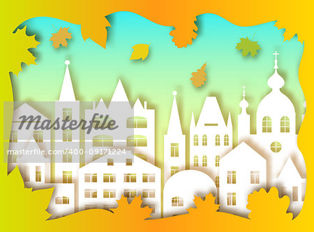 Building of big city and autumn leaves. Vector illustration. Paper art style
