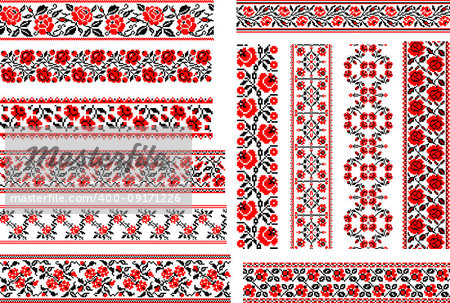 Set of 12 editable red-and-black seamless Ukrainian ethnic patterns for embroidery stitch with roses.