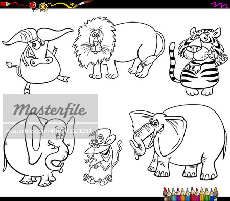 Black and White Coloring Book Cartoon Illustration of Wild Animal Characters Set Black and White Coloring Book Cartoon Illustration of Wild Animal Characters Set