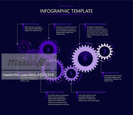 Infographic template with gear with seven elements, steps or options. Intelligent technology hud vector interface. Templates with 7options, parts, steps, processes.