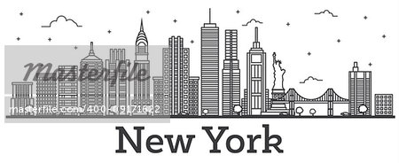 Outline New York USA City Skyline with Modern Buildings Isolated on White. Vector Illustration. New York Cityscape with Landmarks.